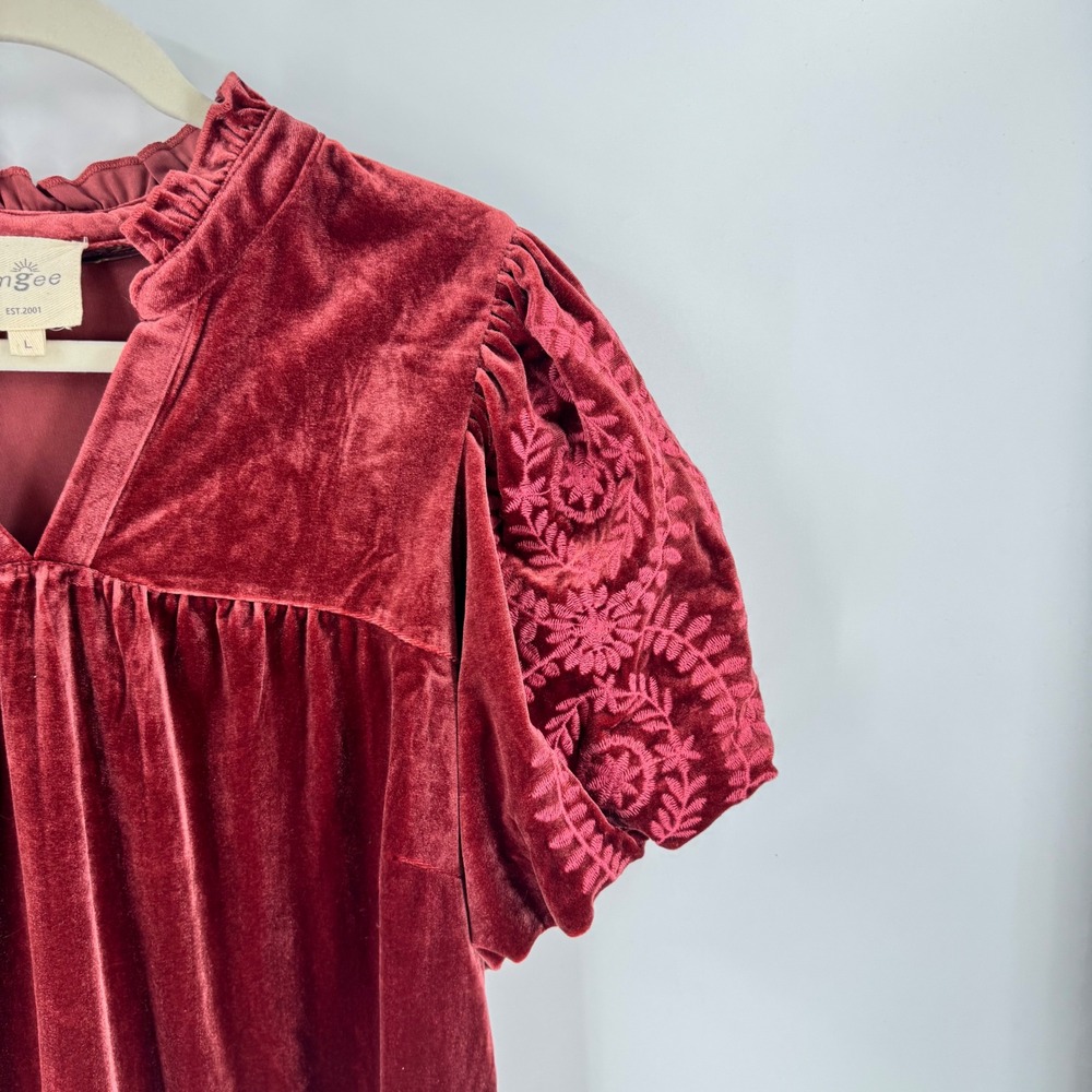 Umgee Velvet Top Burgundy Size L Boho Embroidered Puff Sleeve Victorian Romantic - Picture 4 of 9